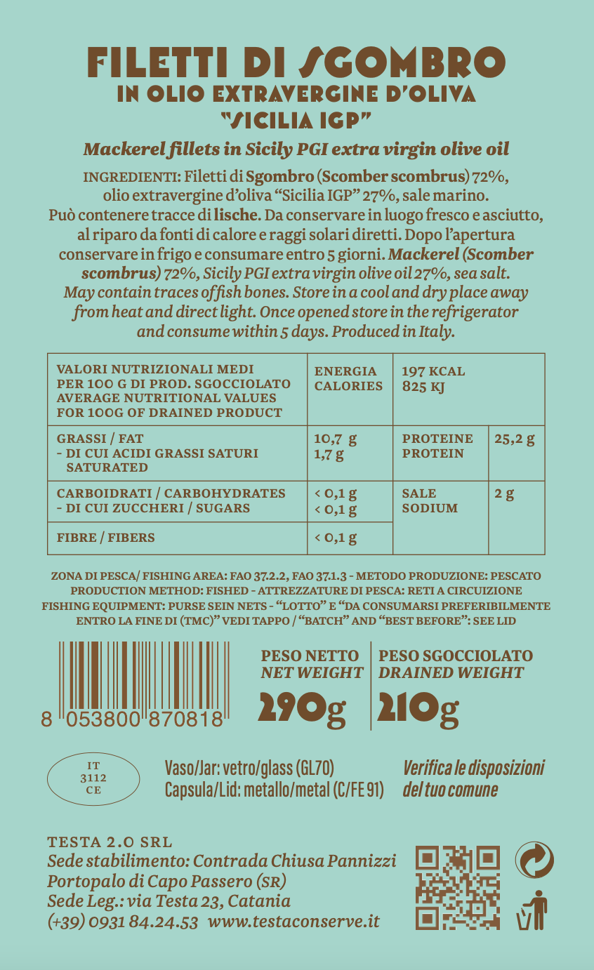 Filetti di Sgombro in olio evo – Testa Conserve