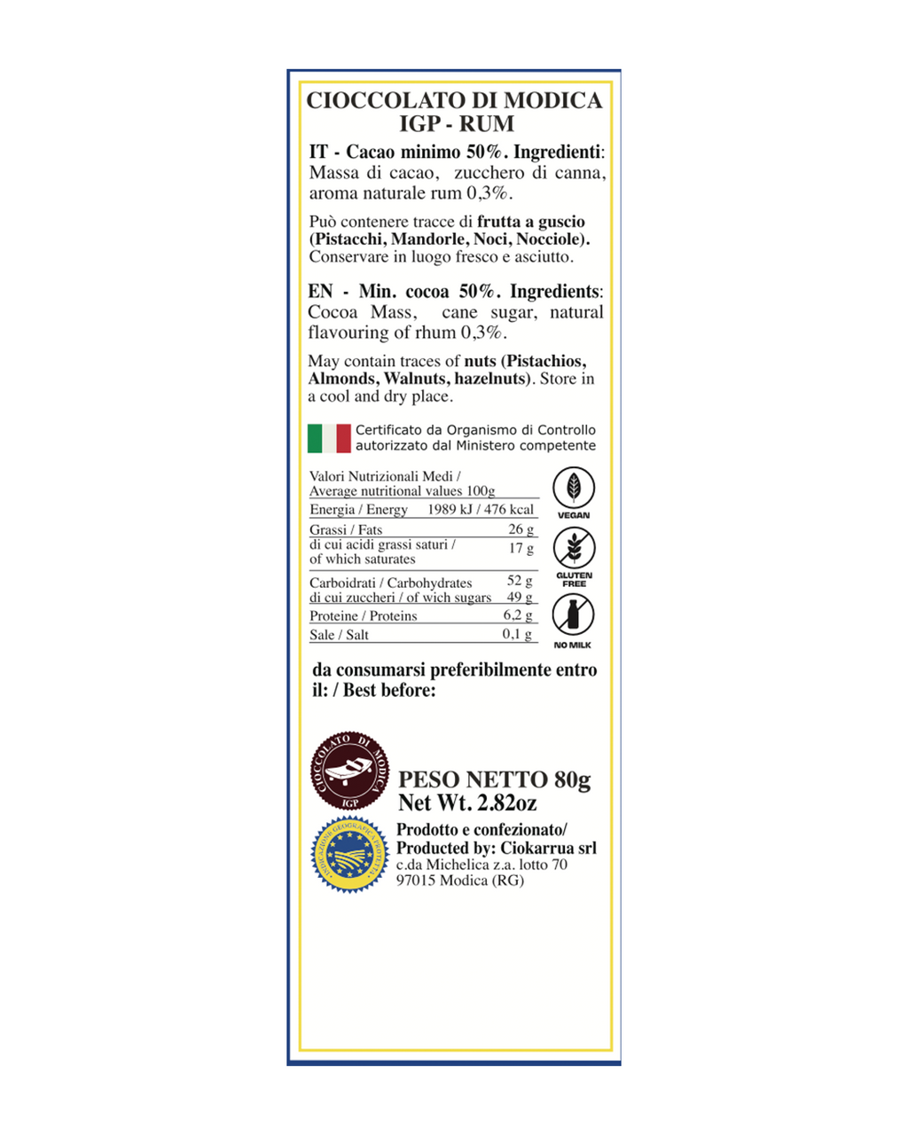 Cioccolato di Modica IGP al Rum - Ciokarrua
