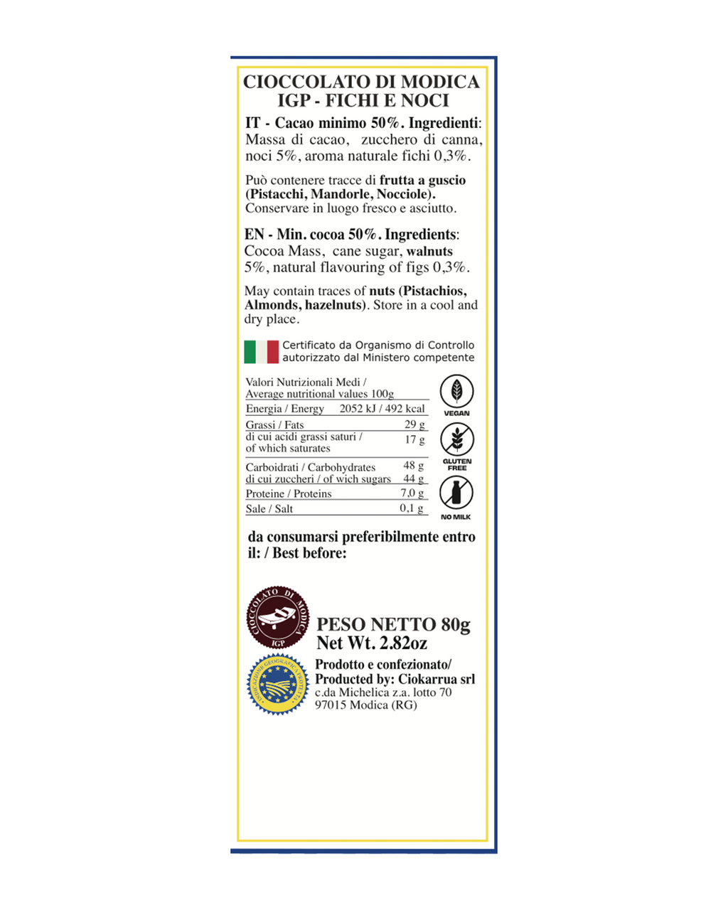 Cioccolato di Modica IGP Fichi e Noci - Ciokarrua