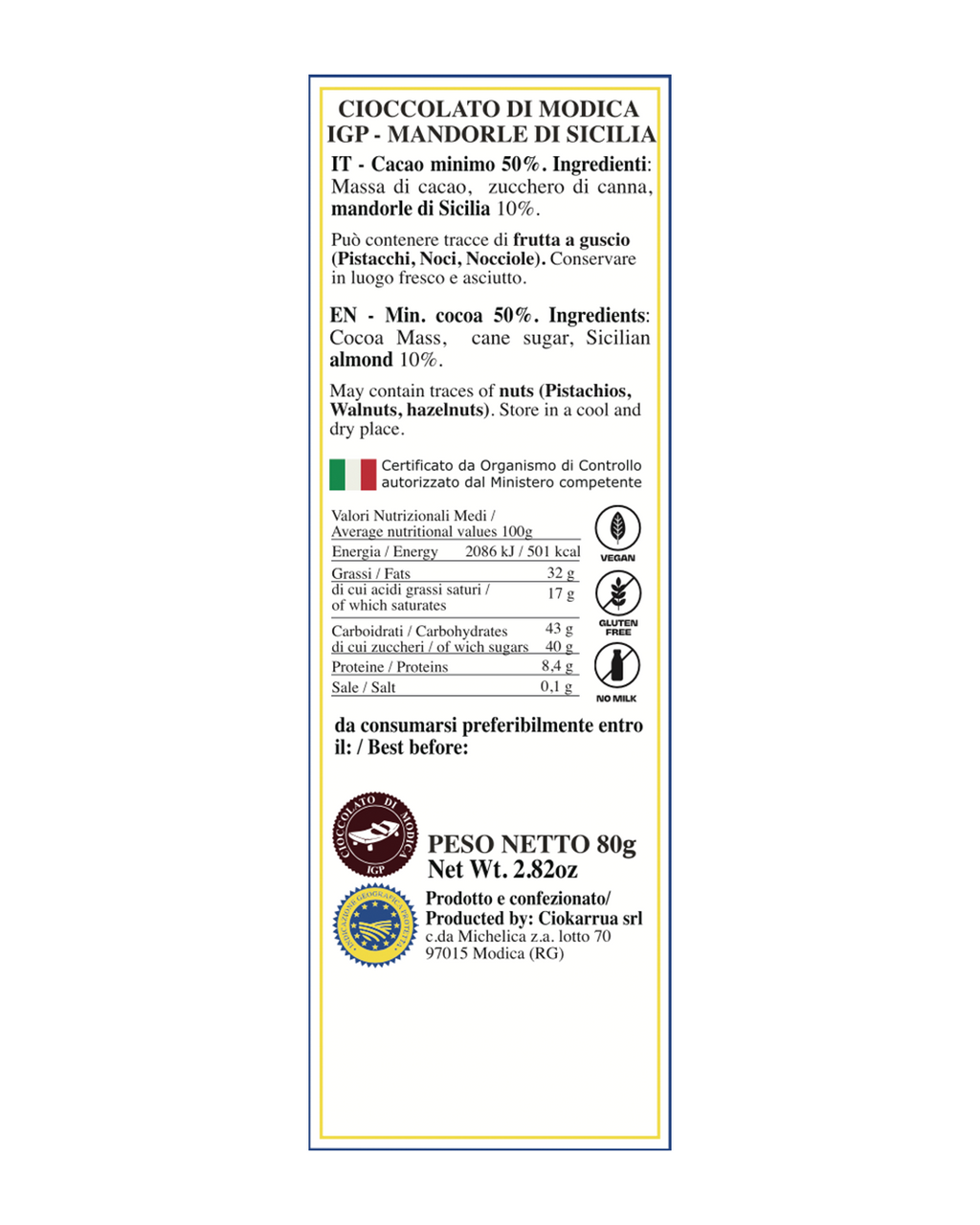 Cioccolato di Modica IGP alla Mandorla di Sicilia - Ciokarrua