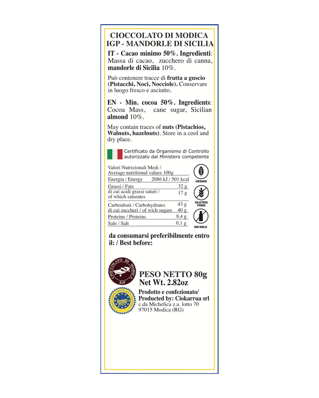 Cioccolato di Modica IGP alla Mandorla di Sicilia - Ciokarrua