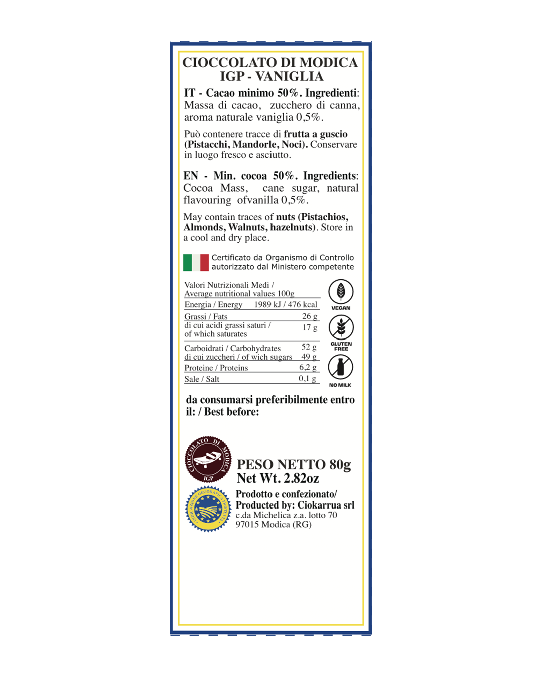 Cioccolato di Modica IGP alla Vaniglia - Ciokarrua