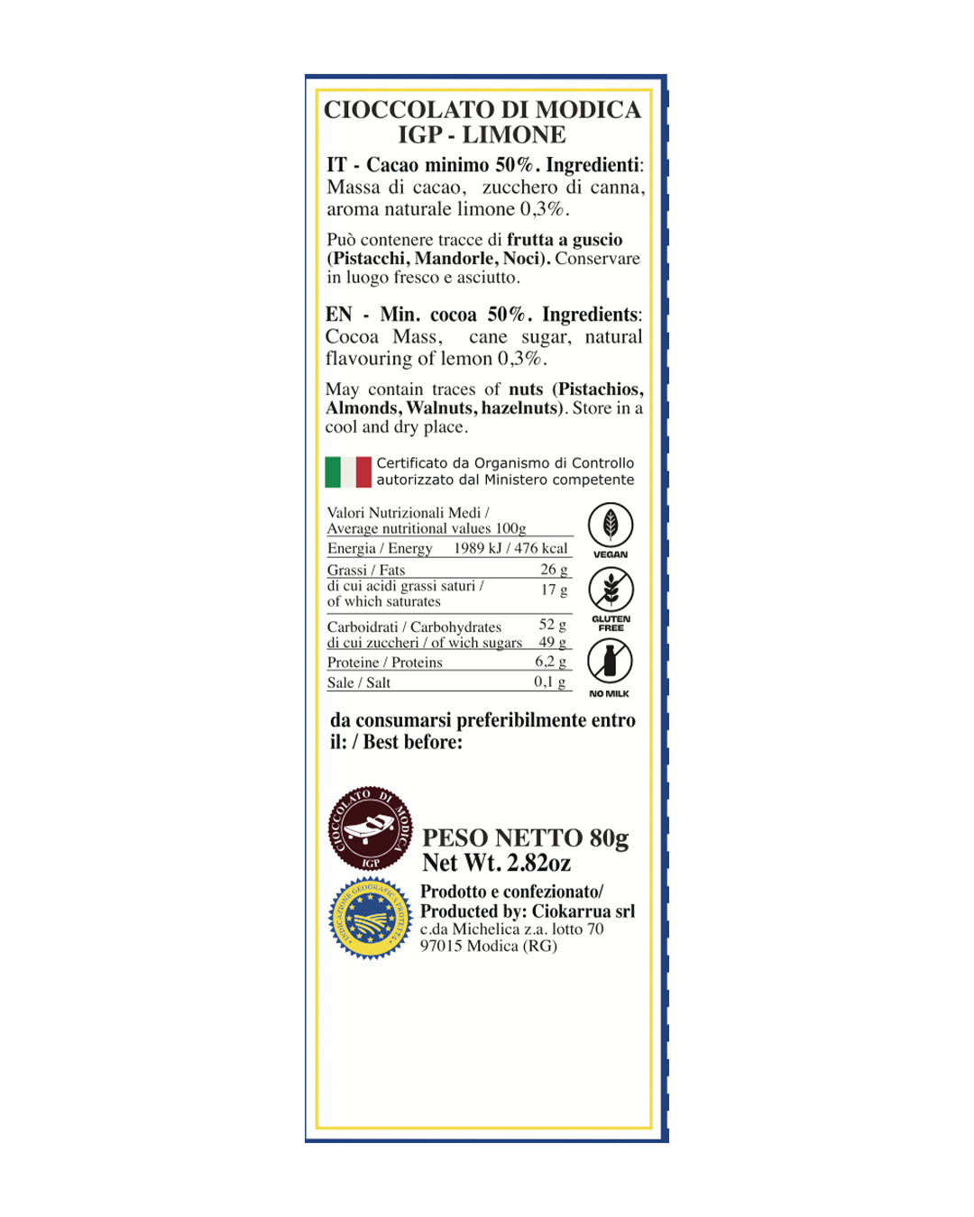Cioccolato di Modica IGP al Limone - Ciokarrua
