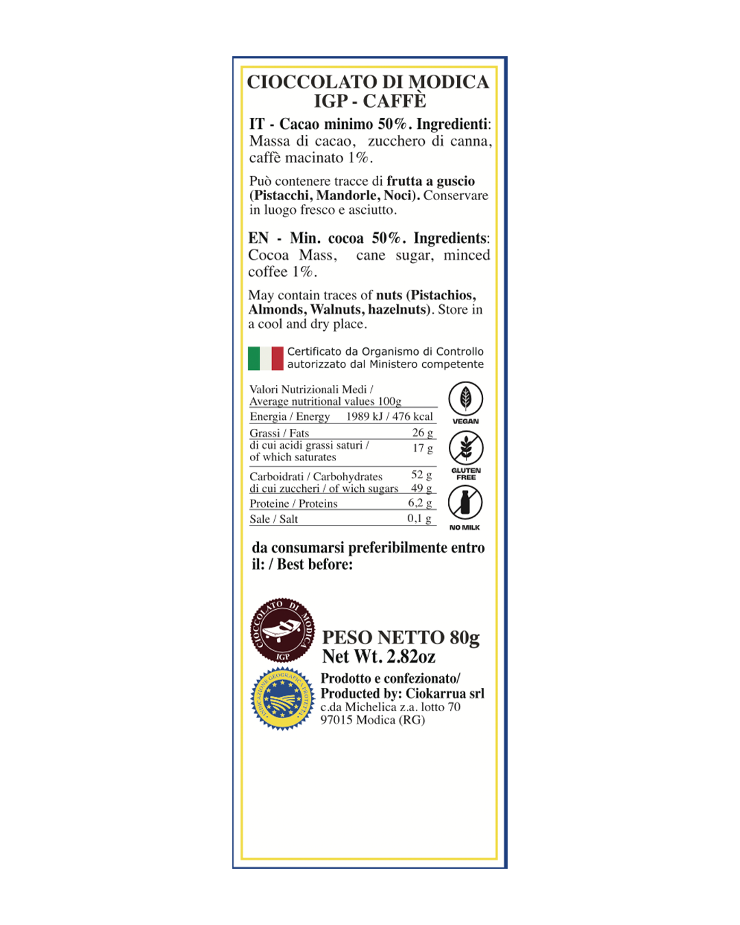 Cioccolato di Modica IGP al Caffè - Ciokarrua