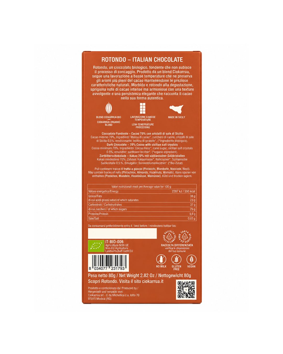 Cioccolato fondente 70% Bio con scorze d'arancia Rotondo – Ciokarrua