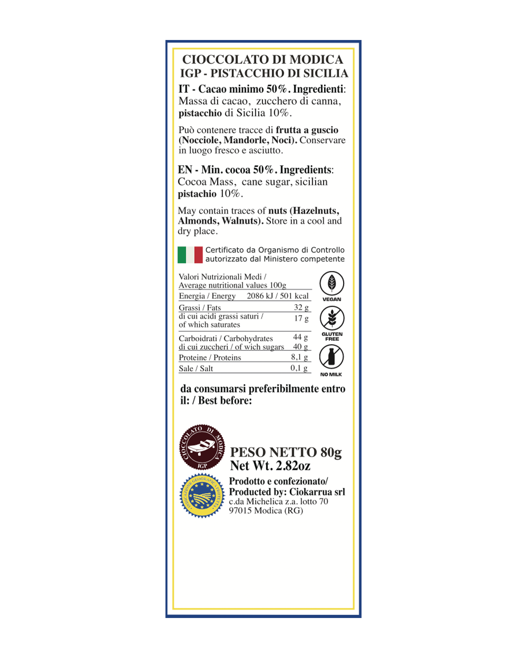 Cioccolato di Modica IGP al Pistacchio di Sicilia Bio - Ciokarrua