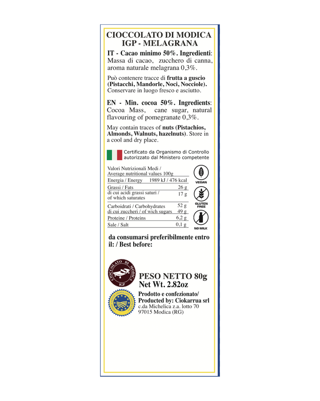 Cioccolato di Modica IGP alla Melagrana - Ciokarrua