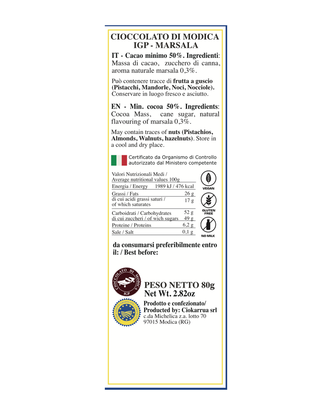 Cioccolato di Modica IGP al Marsala - Ciokarrua