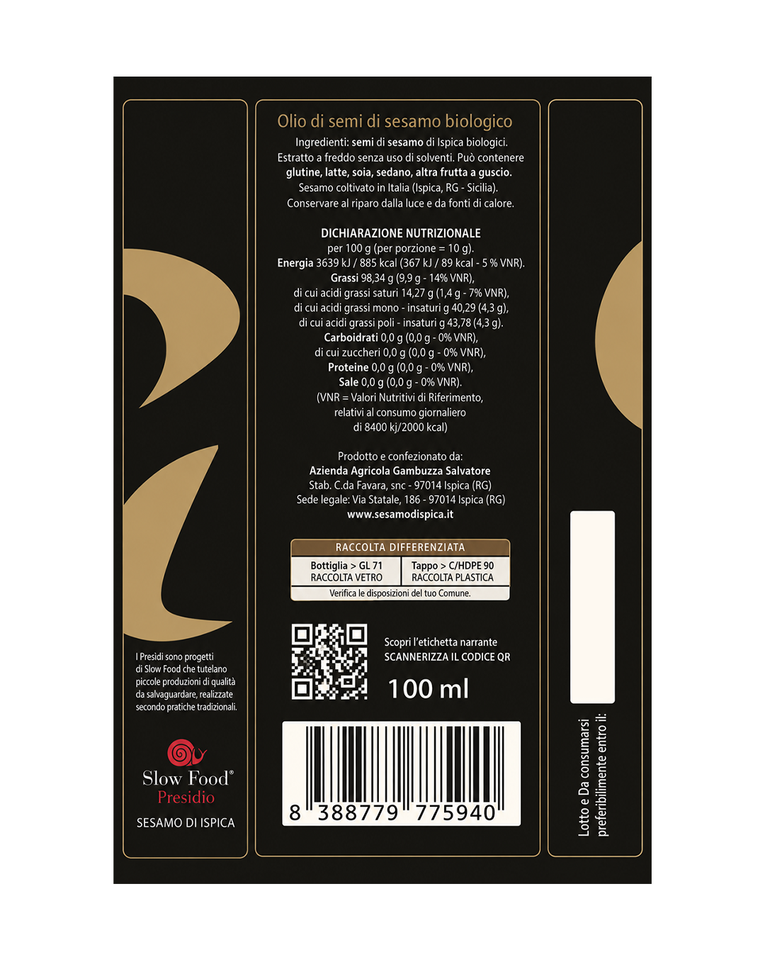 Olio di Semi di Sesamo di Ispica Tostato Bio - Gambuzza Presidio Slow Food